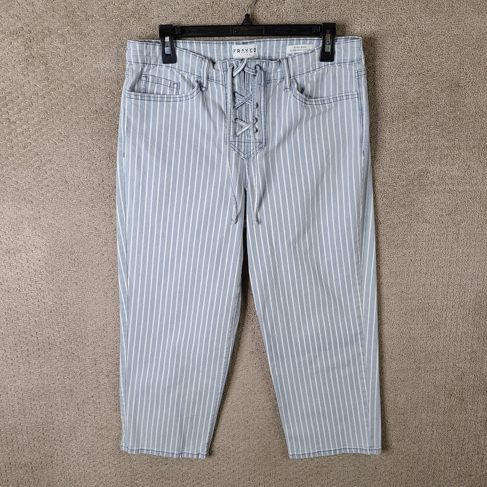 Frayed‎ Jeans Womens 12 Blue White Striped High Rise Straight Crop Lace Up Denim
